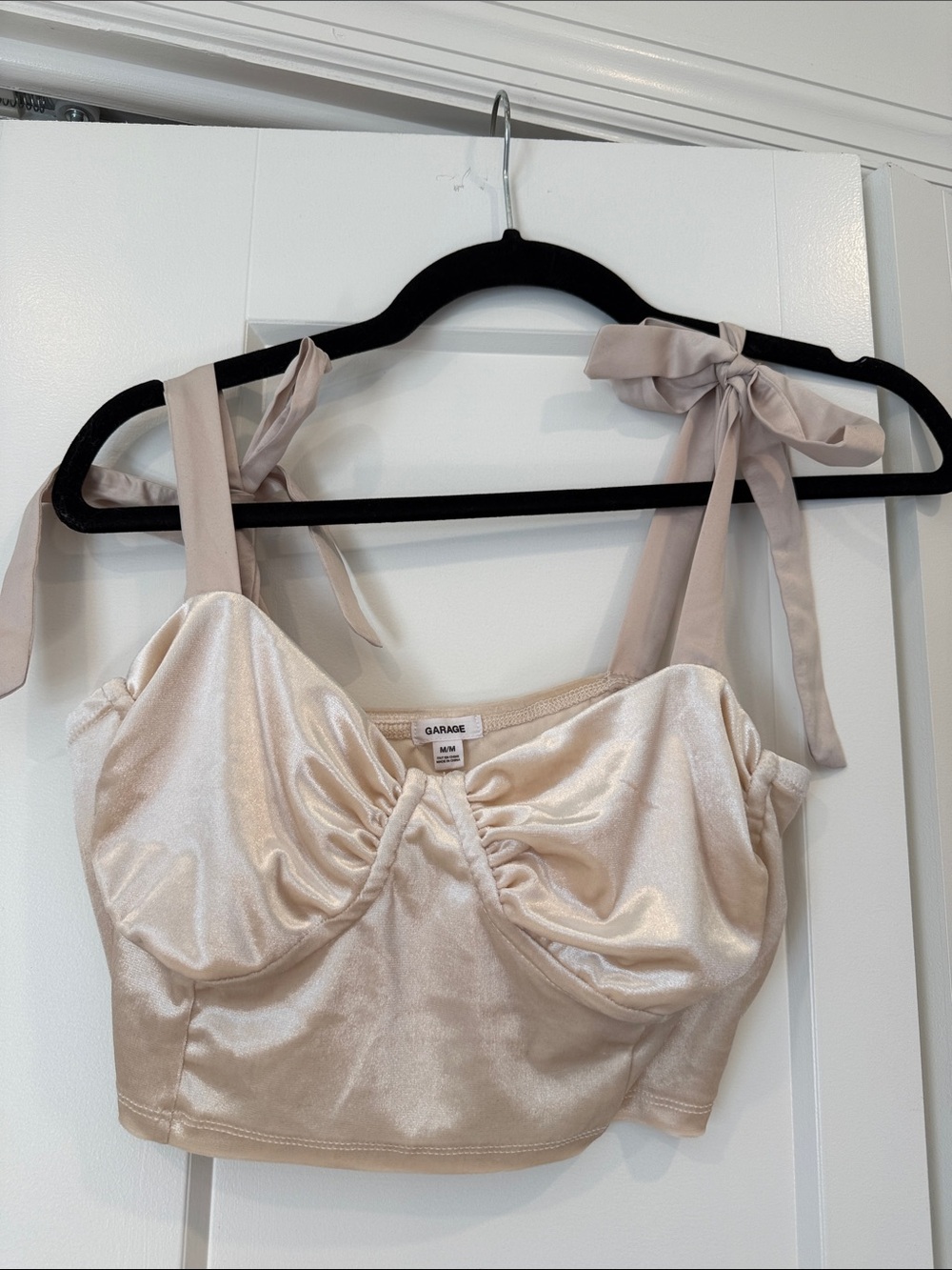 Garage Satin Tie-Shoulder Crop Top in Pale Champagne